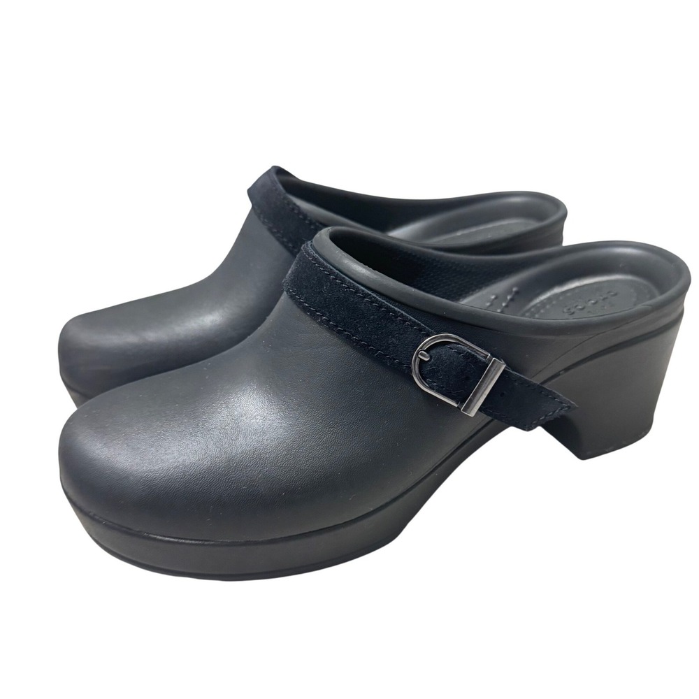 Crocs Sarah Dual Comfort Black Rubber Heeled Buckle Slip On Mule Clogs Size 7